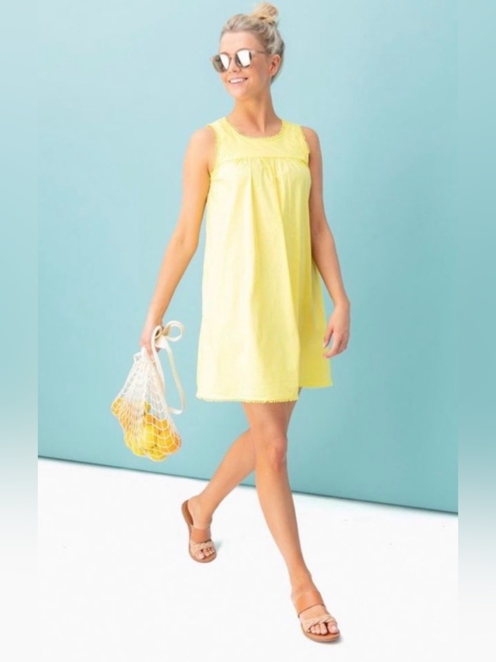 Tuckernuck Pom Pom Sleeveless Mini Dress Lemon Yellow Cotton Size XS